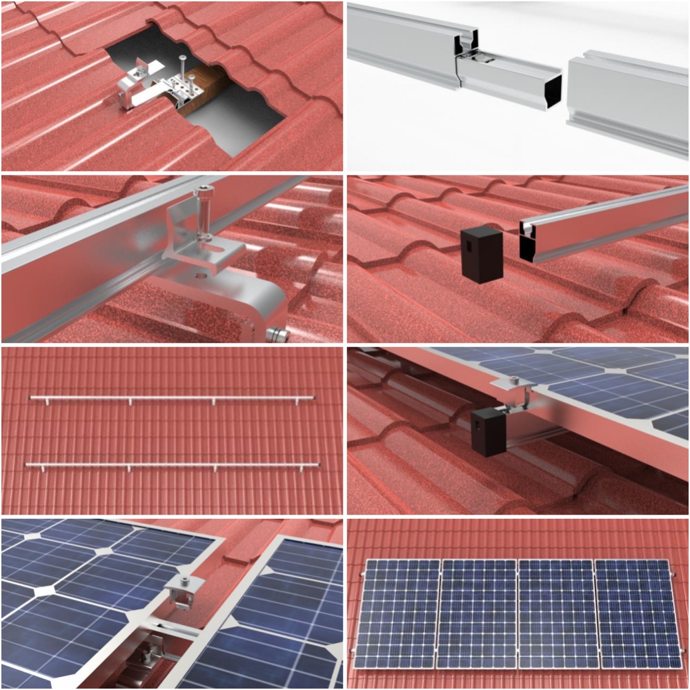 Instalaci&oacute;n del sistema de montaje solar para techo de tejas R121 con ganchos, rieles y abrazaderas para techo