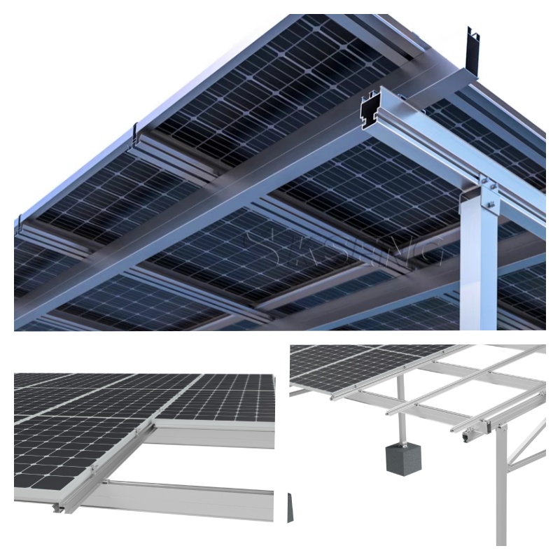 Tirantes diagonales de aluminio que conectan vigas y columnas de marquesinas solares