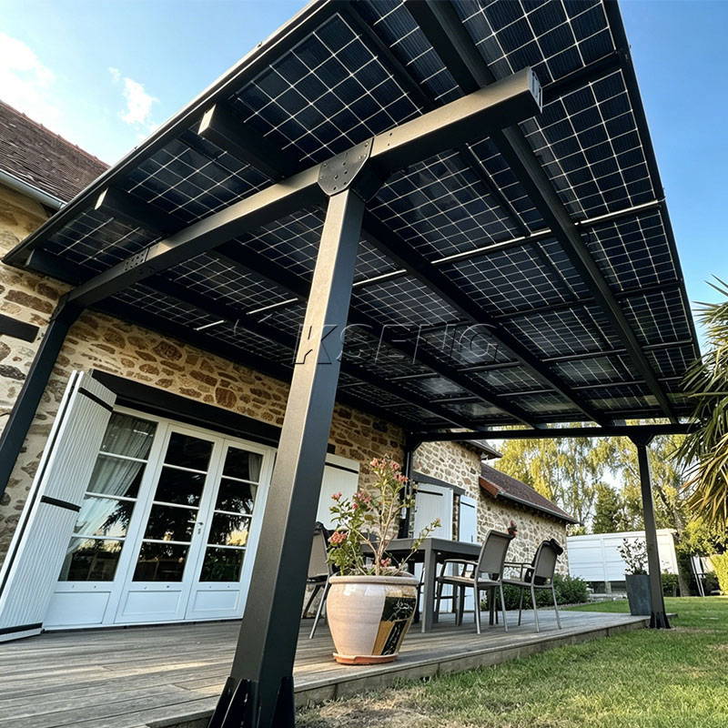 Primer plano de Kseng-estructura-de-drenaje-a prueba de lluvia-para-uso-dom&eacute;stico-pergola-solar-de-aluminio-negro-soporte-para-cochera