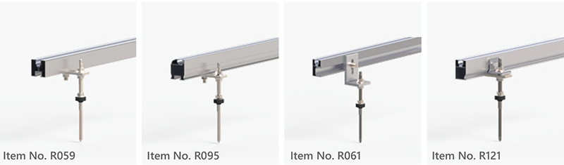 M&uacute;ltiples opciones de rieles de montaje solar KSENG (R059, R095, R061, R121) para techos met&aacute;licos