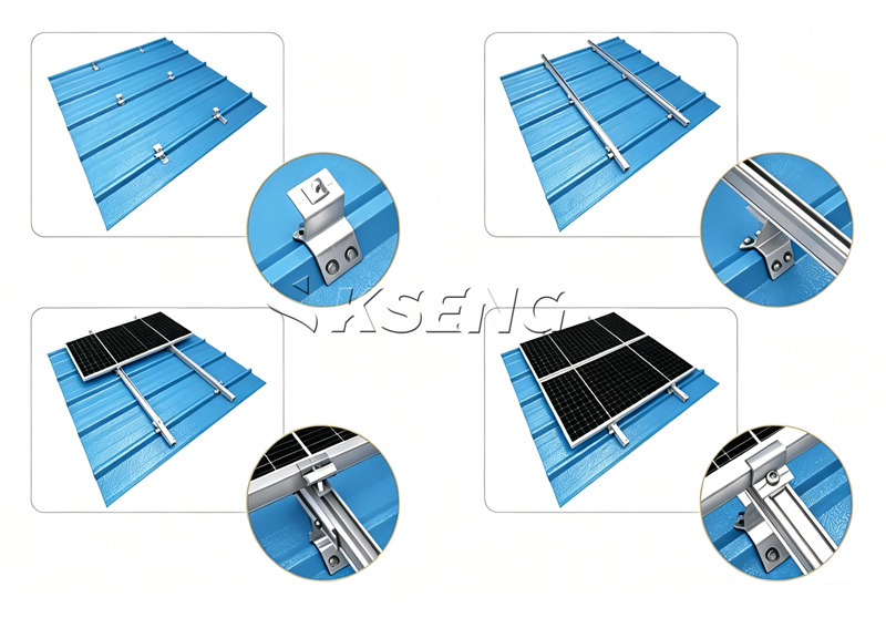 Diagrama de pasos de instalaci&oacute;n de la abrazadera solar de techo de metal trapezoidal tipo taladro Kseng, proceso de ensamblaje del sistema de montaje fotovoltaico atornillado con accesorio AL6005-T5 y hardware SUS304
